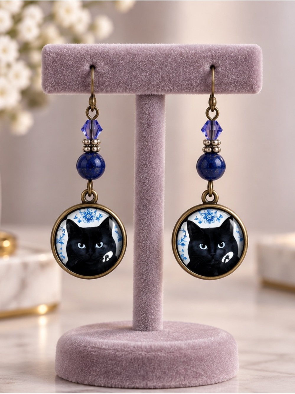 Fashion Jewelry Black Cat Dangle Earrings with Blue Accents